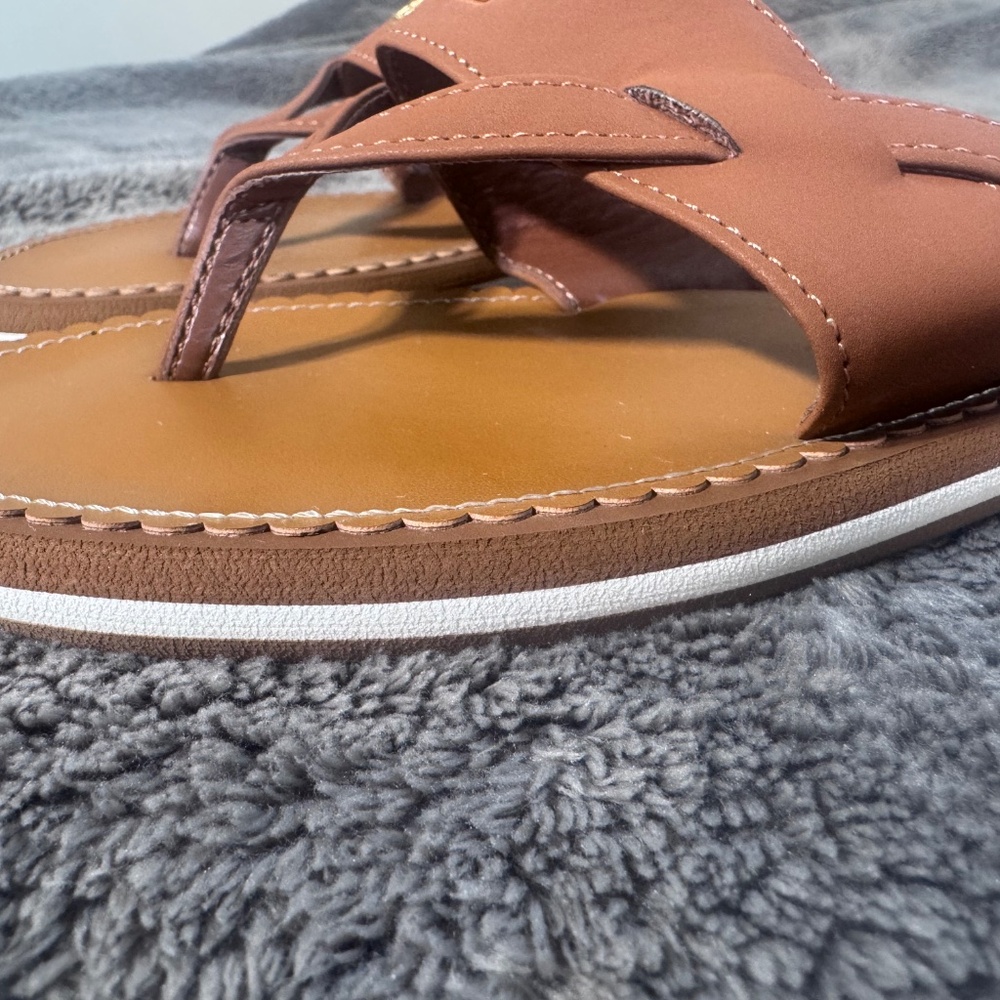 Lauren Ralph Lauren Sandals Brown Leather Thong Gold Logo Size 9 -  Classic Summ - Picture 10 of 11